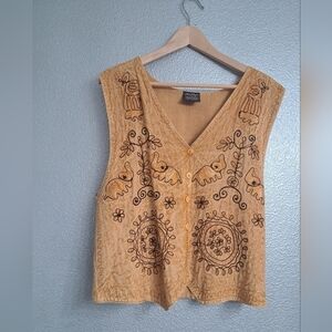 Her Style Tan Vest Embroidered In Gold & Brown